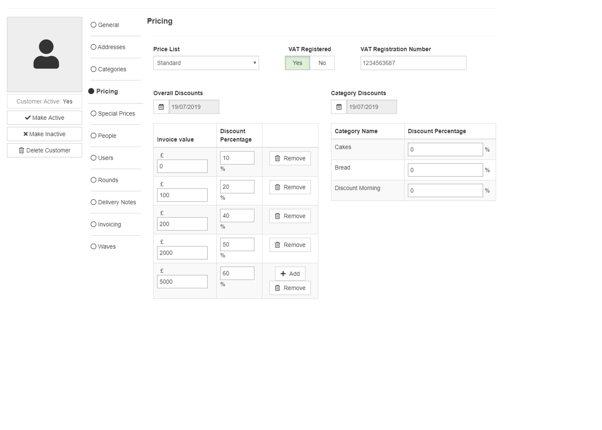 Customer pricing tab - bakery production planning software