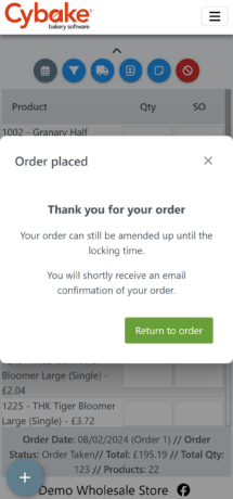 Online order confirmation with bakery software