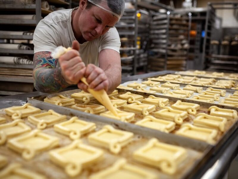 A baker at Melbourne Cybake user Dench Bakers prepares trays of Danish pastries