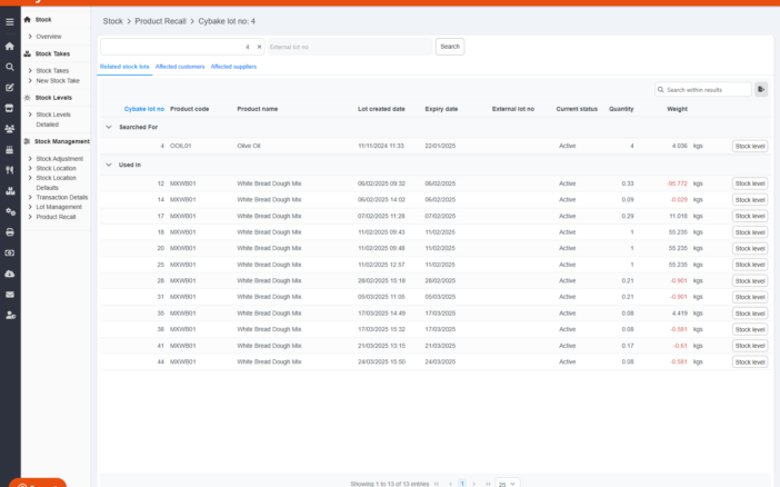 Cybake bakery product recall screen
