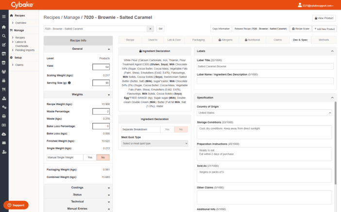 Screenshot of Cybake generating ingredients allergen information for a bakery product