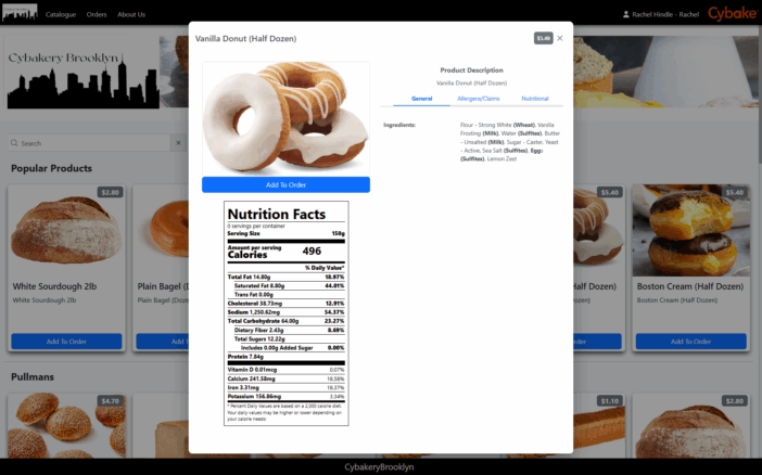 Screenshot showing nutrition and allergen info for a donut generated by Cybake