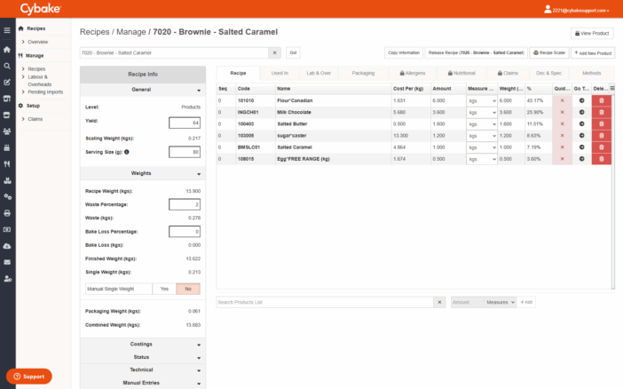 Screenshot showing recipe management of a salted caramel brownie with Cybake software