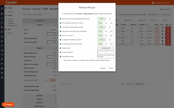 Screenshot showing Cybake's step-by-step traffic light process ensuring that recipe information is only released when it is 100% accurate