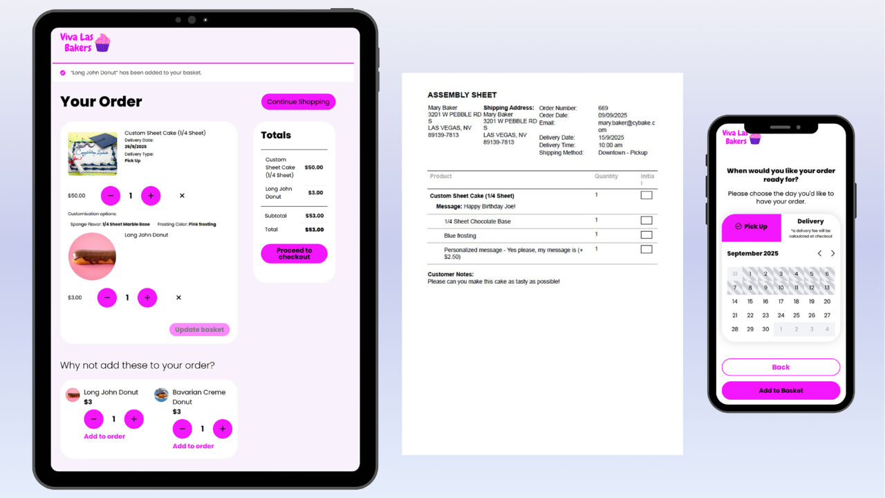 Cybake’s new custom cake online ordering module shown working on a tablet and cell phone, along with an assembly sheet generated by a custom cake order.