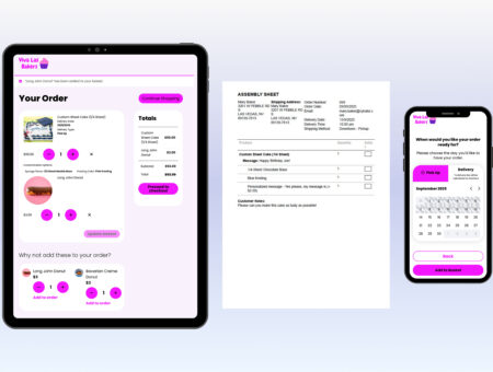 Cybake’s new custom cake online ordering module shown working on a tablet and cell phone, along with an assembly sheet generated by a custom cake order.