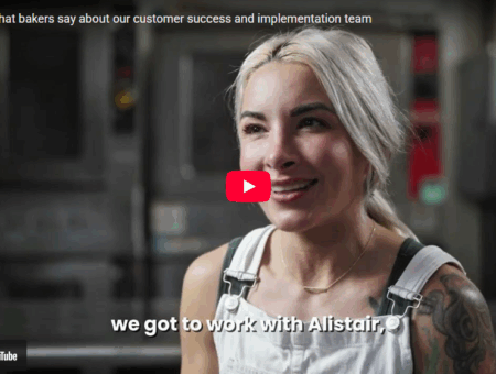 Screen shot of video about implementing Cybake software featuring Meagan Benz from Crust Vegan bakery