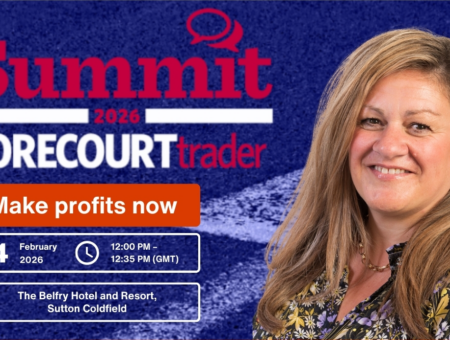 Photo of Cybake CEO Ali Lyons against backdrop of Forecourt Trader Summit logo