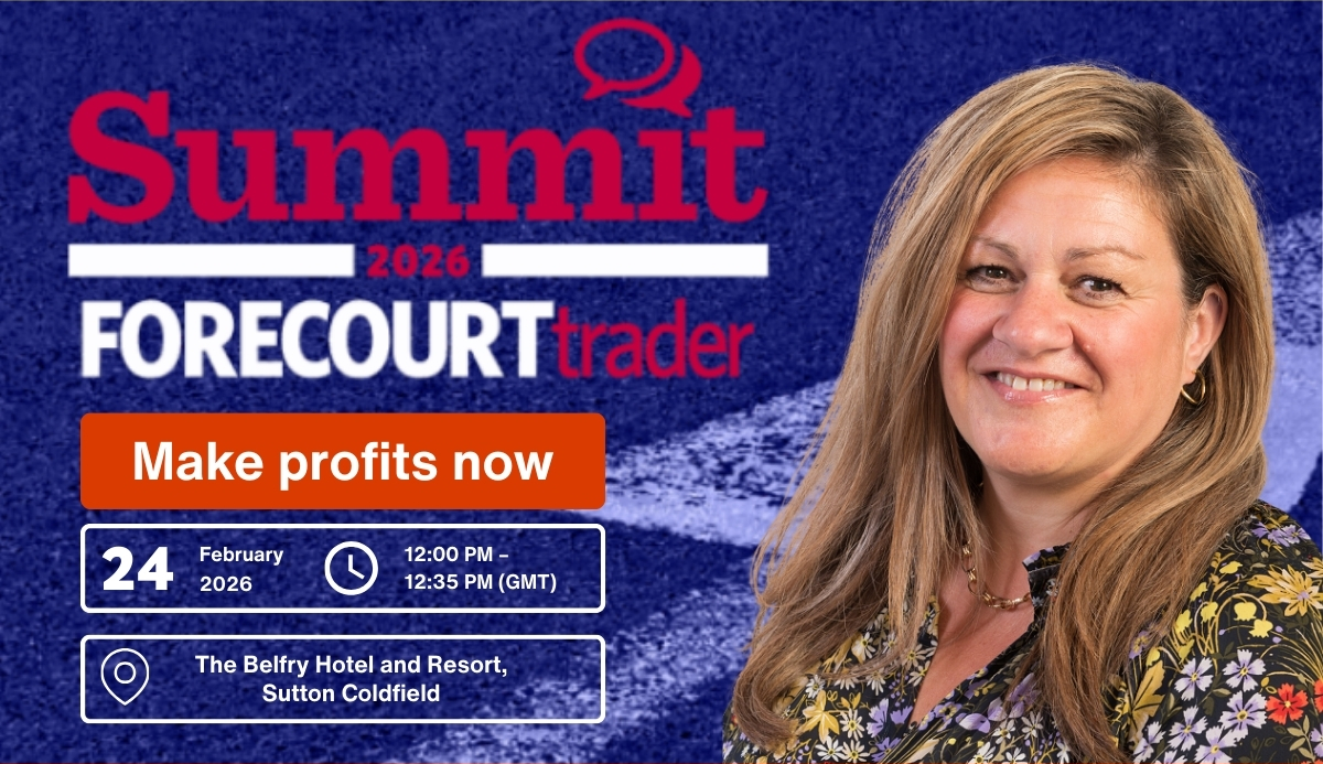 Photo of Cybake CEO Ali Lyons against backdrop of Forecourt Trader Summit logo