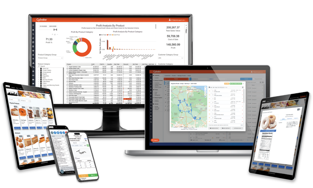Image showing Cybake bakery software on a monitor, a laptop, cellphones and tablets.