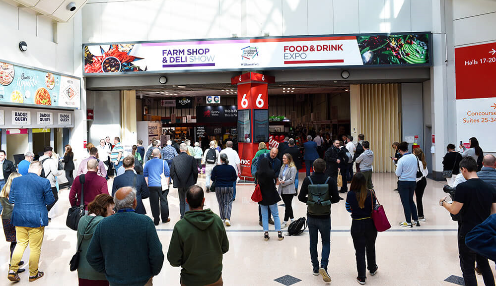 Photo of the entrance foyer of the Food & Drink Expo at the NEC