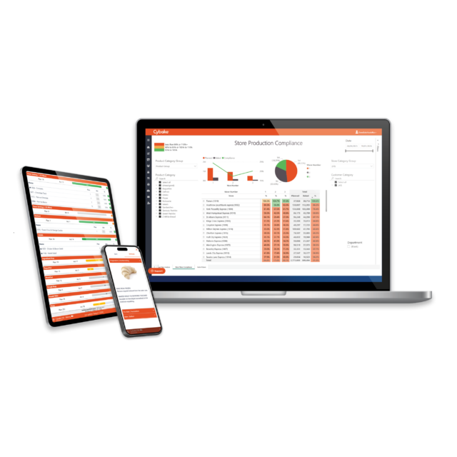 Cybake ISB instore food production software solution screens on a laptop, a tablet and a cellphone