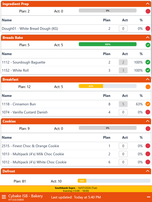 A Cybake ISB in-store bakery plan screen on a tablet device