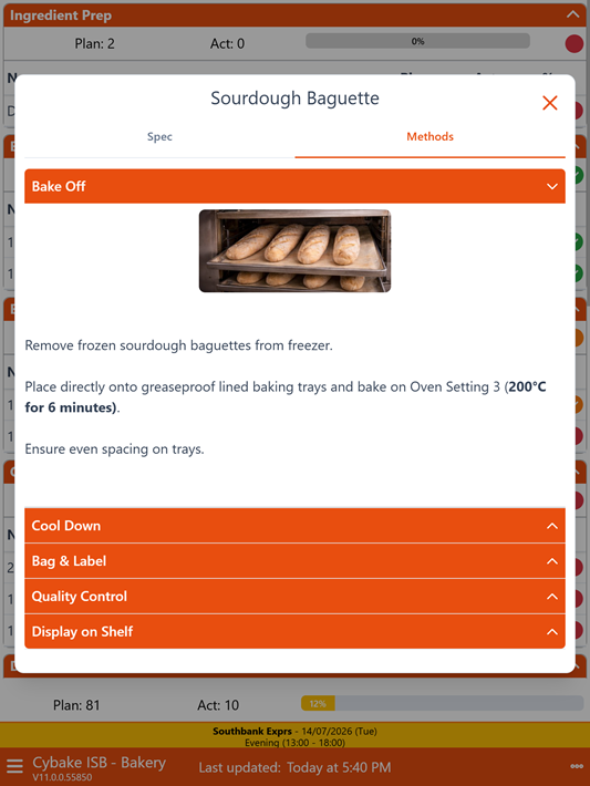 Cybake ISB on-screen prep instructions on a tablet device