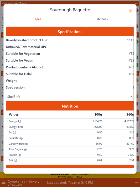 Cybake ISB specifications and nutrition and allergen declarations data screen on a tablet device