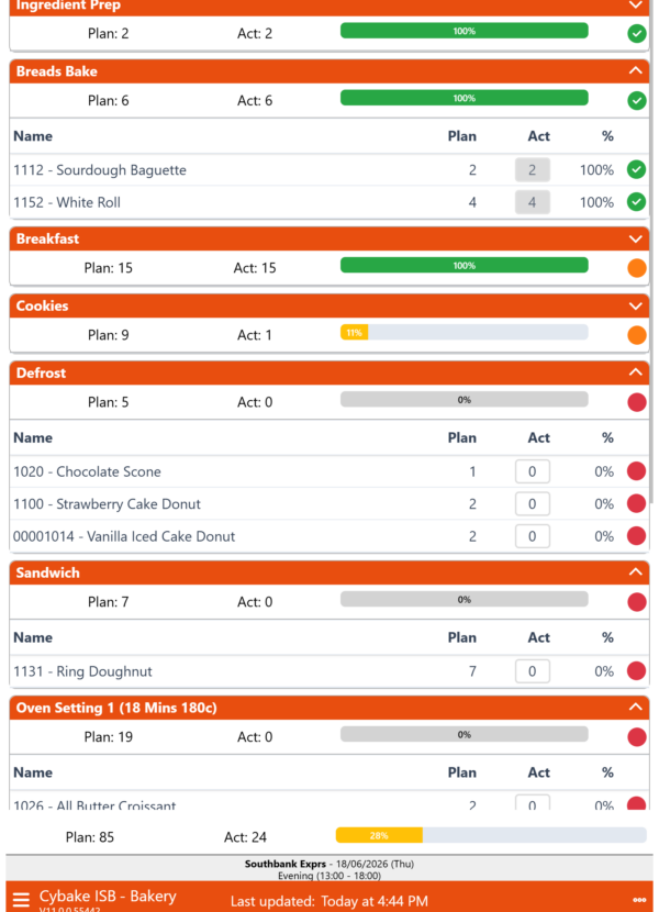 Cybake ISB store colleague compliance view on a tablet