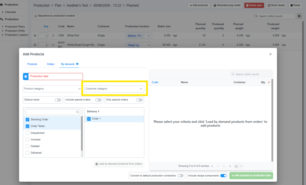 Screenshot showing customer category selector for wholesale production planning