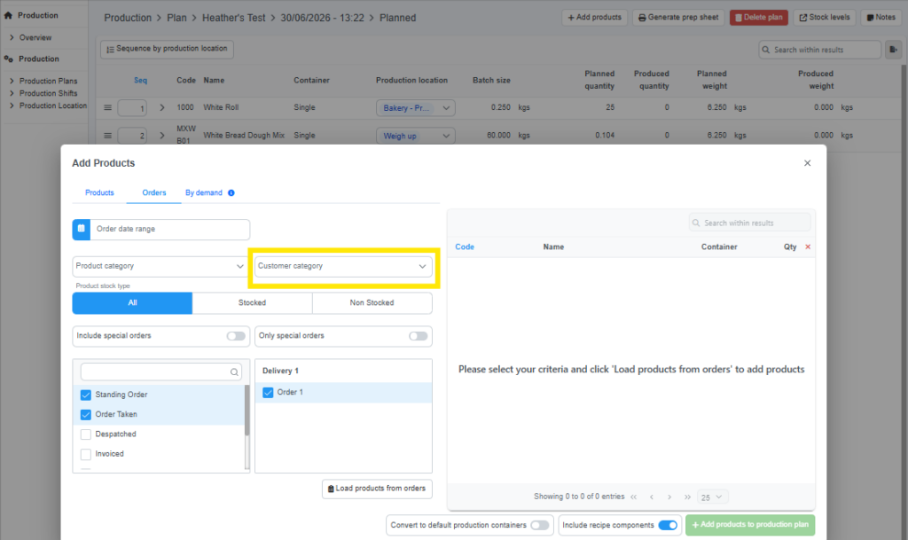 Screenshot showing second part of customer category selection for wholesale production planning within Cybake