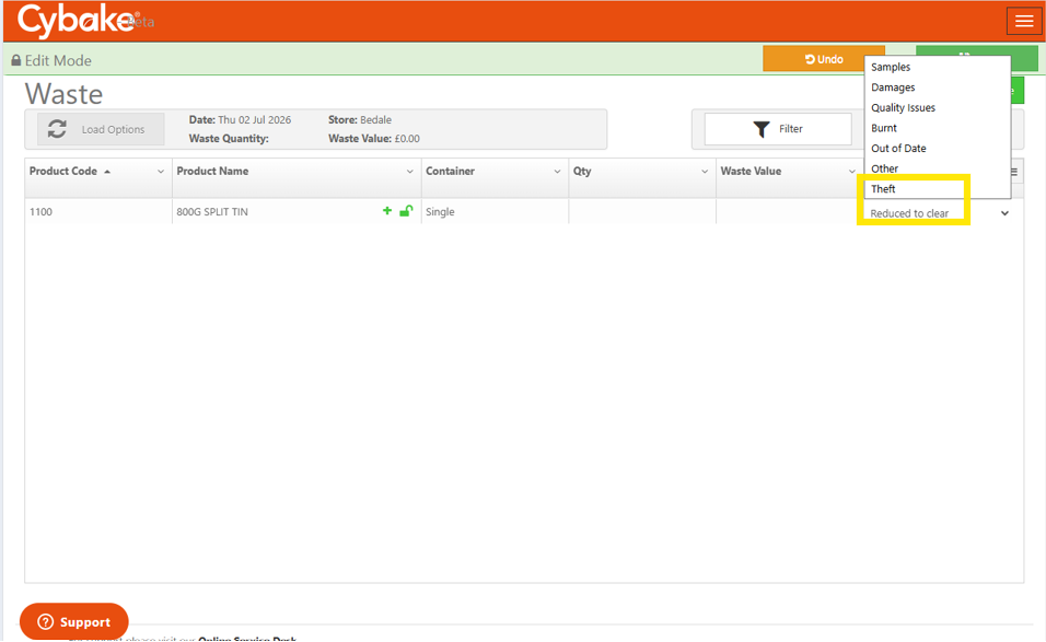 Screenshot showing the recording theft and food surplus scheme donation within Cybake