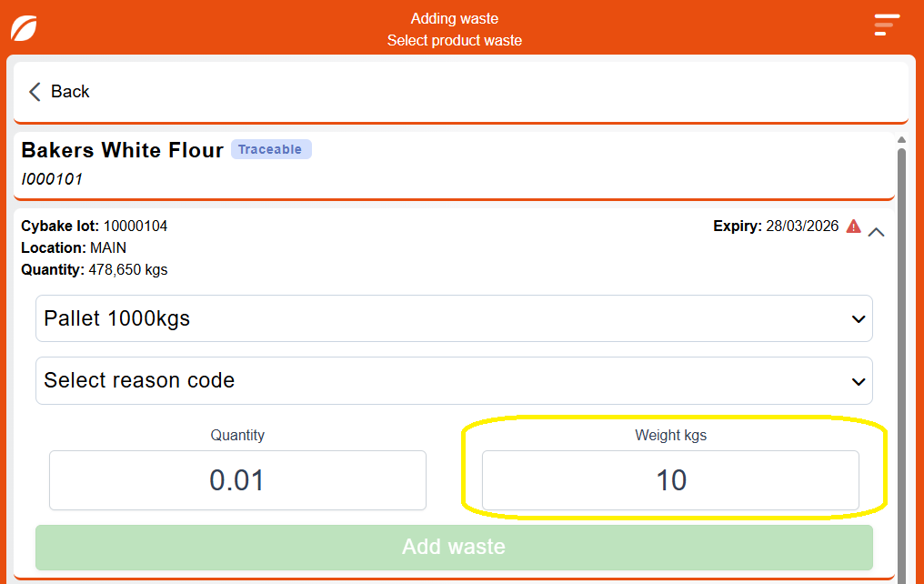 Screenshot of the recording of waste in weights in Cybake