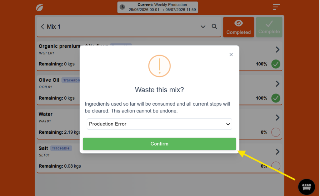 Screenshot showing how to record wasted mixes made through error within Cybake