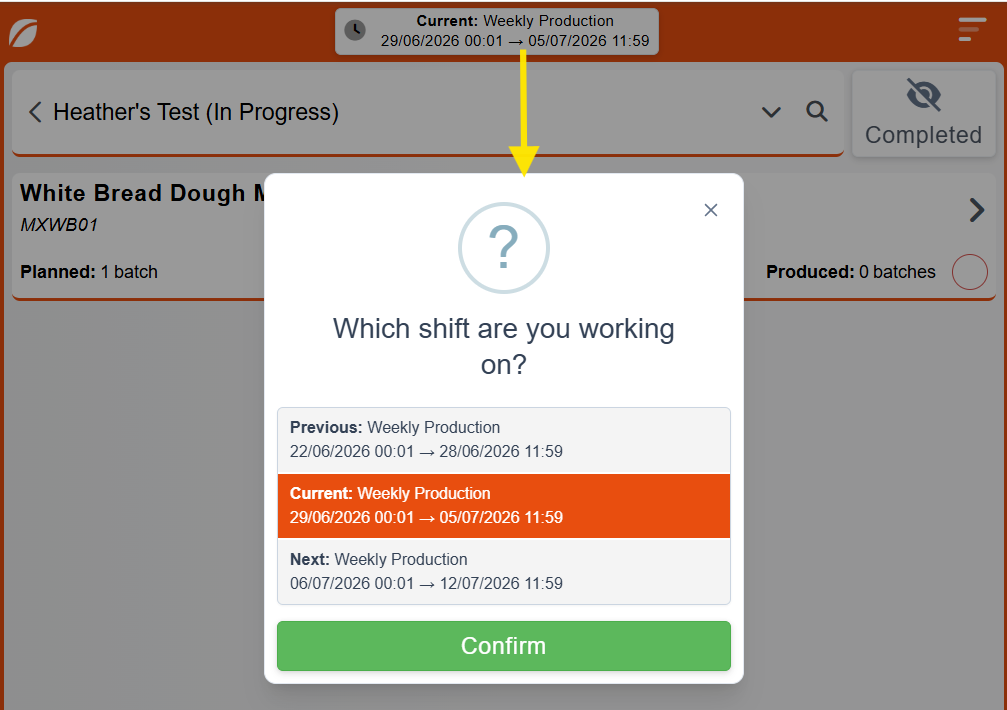 Screenshpt shpwing the Toggling between current or previous or future shifts within Cybake