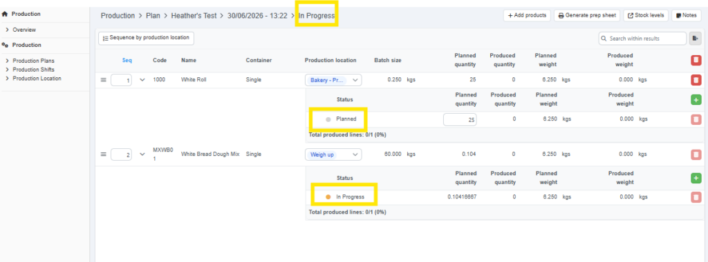Screenshot of viewing production plan statuses in Cybake