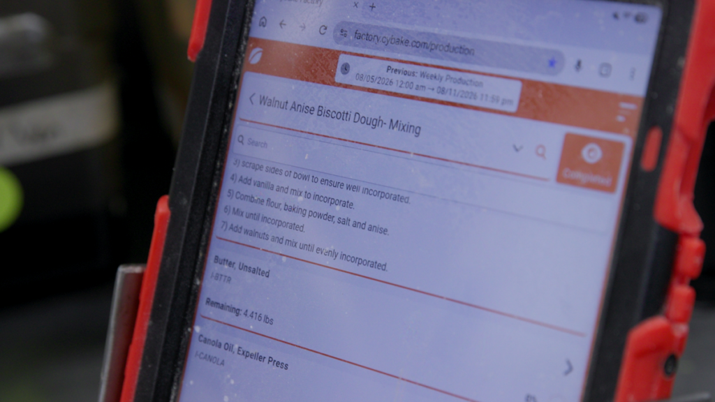 Photo of dough mixing instructions on Cybake bakery software on a tablet