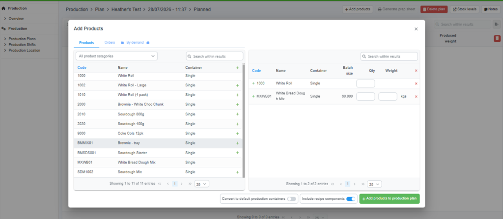 Screenshot of production planning with Cybake bakery software and the recipe components option
