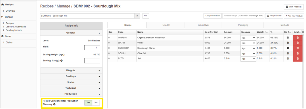 Screenshot of production planning with Cybake bakery management software highlighting Yes/No option for including recipe components