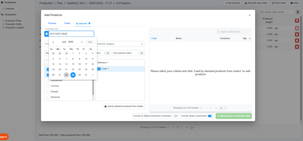 Screenshot of production planning in Cybake bakery management software showing new option for users to include recipe components