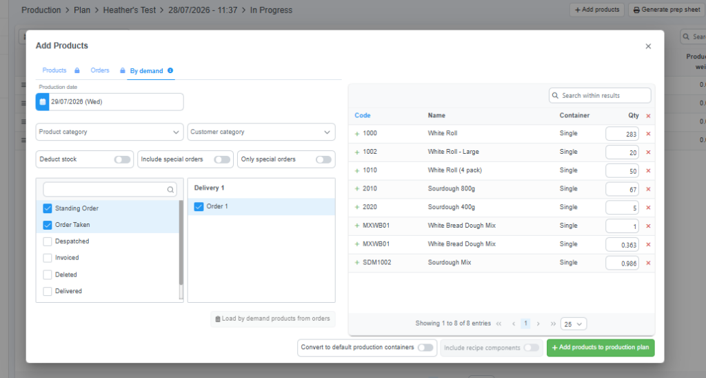 Screenshot of production planning in Cybake bakery management software showing new “By demand” option.