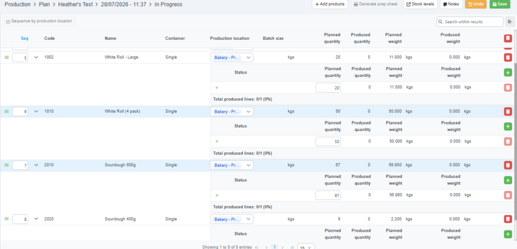 Screenshot of Cybake bakery management software showing progress of production.