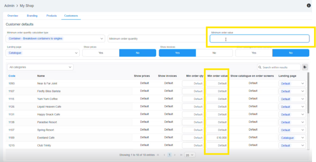 Screenshot of Cybake bakery management software’s online ordering module highlighting new minimum order values