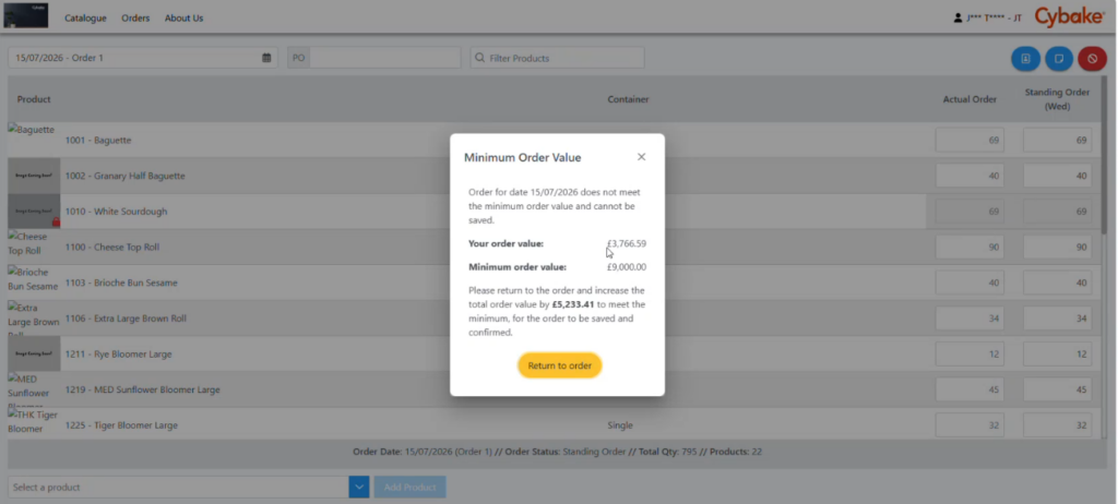 Screenshot of Cybake bakery management software’s online ordering module showing customer that their order does not meet the required financial threshold.