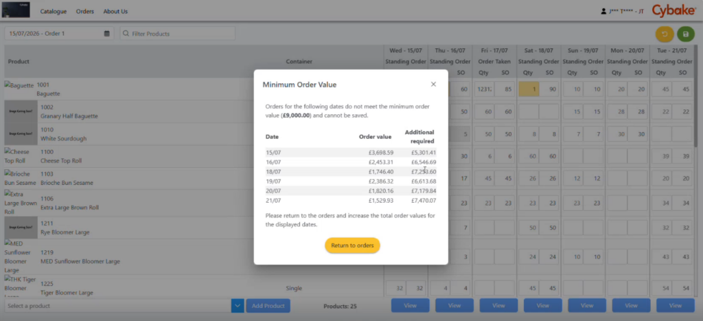 Screenshot of Cybake bakery management software’s online ordering module showing customer that their order does not meet the required financial threshold over a time period.