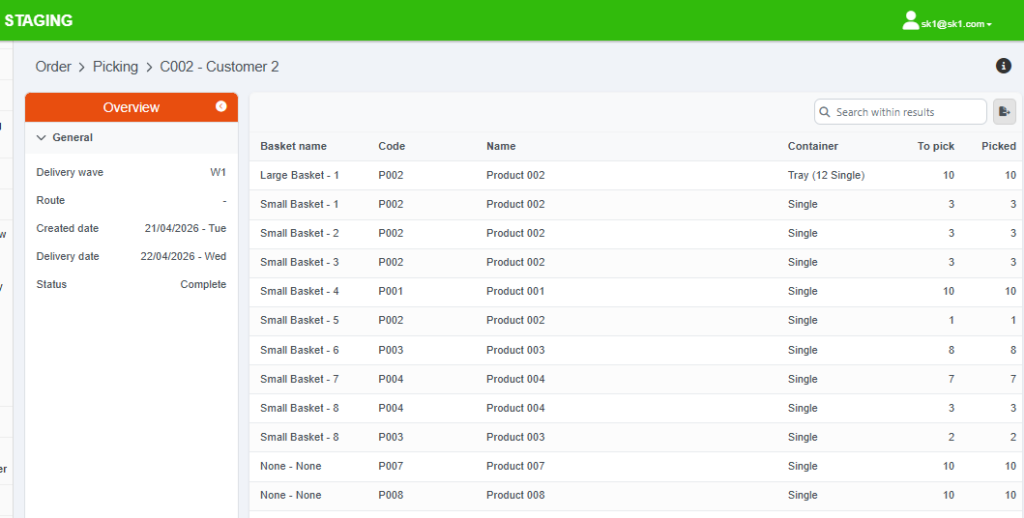 Screenshot of Cybake bakery software’s picking function showing ability to choose whether to allocate items to baskets 