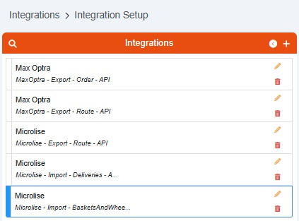 Screenshot of Cybake bakery management software showing integration setup with MaxOptra and Microlise fleet management applications